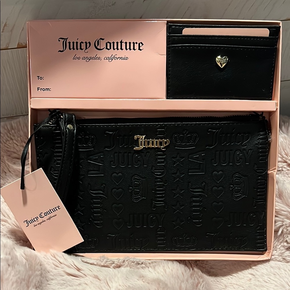 Juicy Couture Black Deboss Wristlet and Cardholder Set